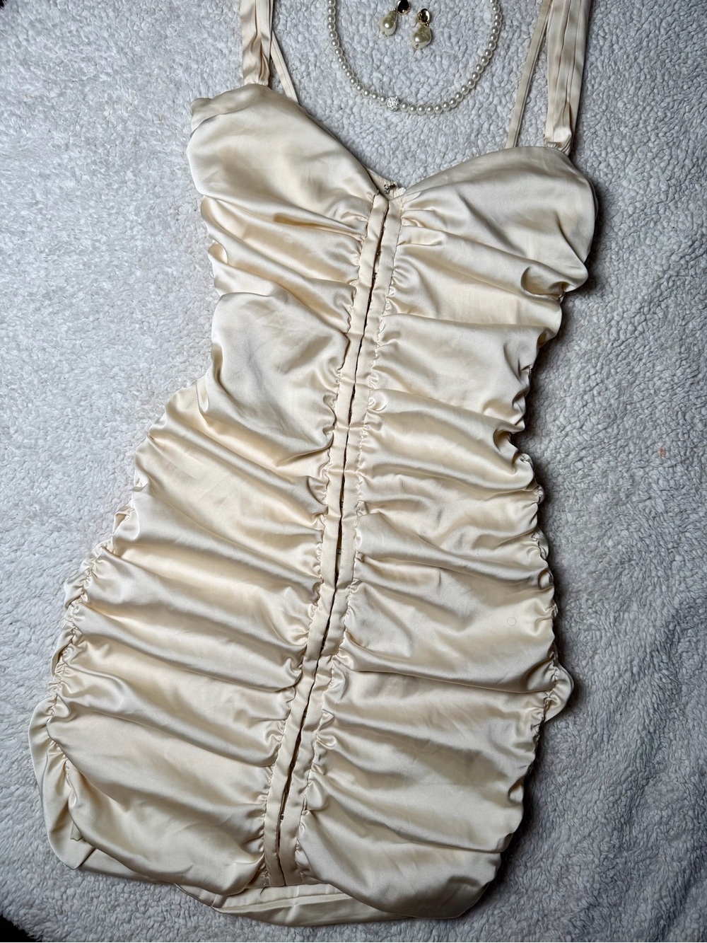Oh Polly Cream Ruched Satin Mini Dress